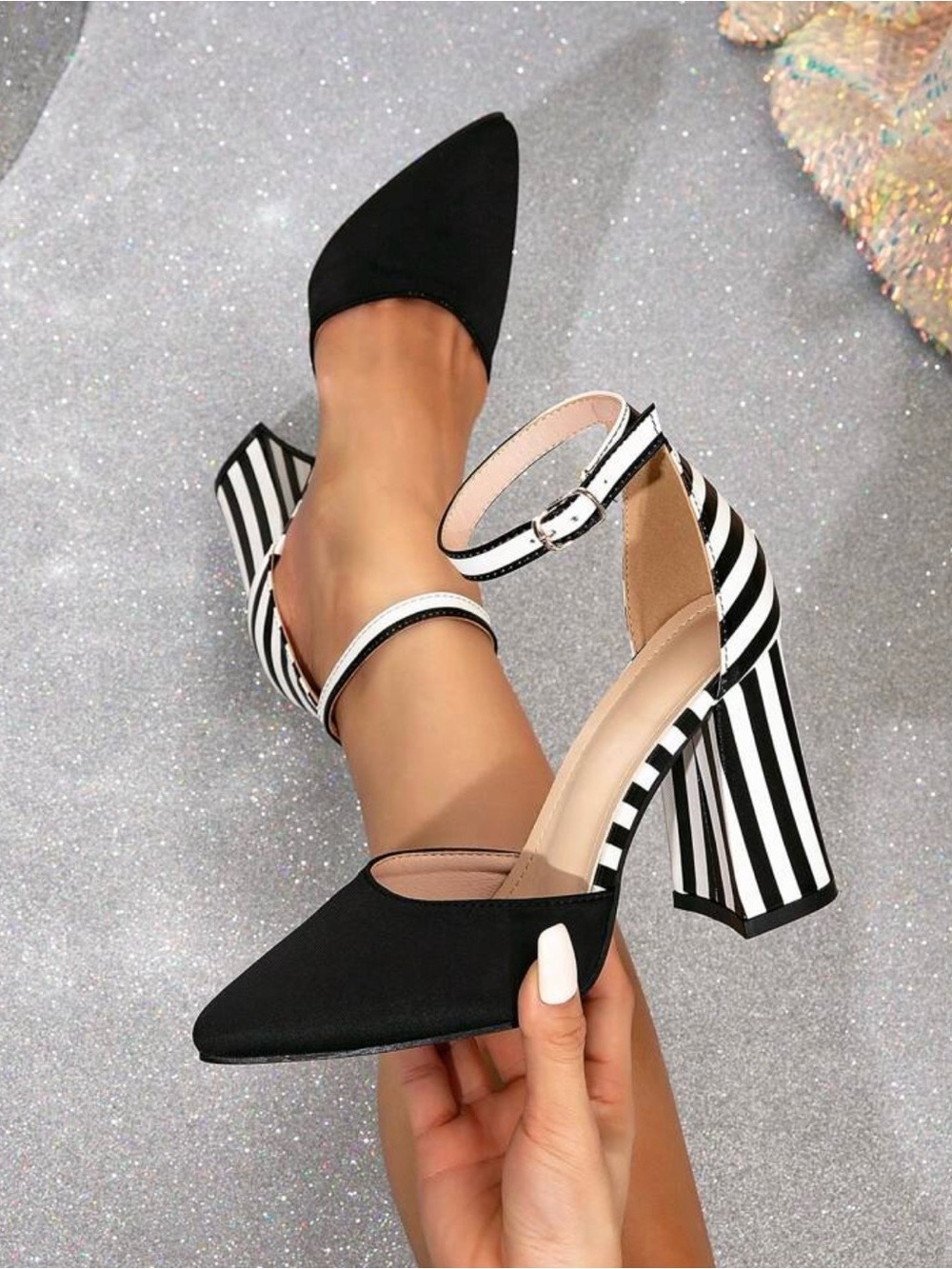 SHEIN Black Pointed Ankle Strap Pumps with Black-and-White Striped Block Heel
